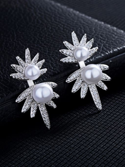 AI Fei Er Fashion Imitation Pearl Shiny Zirconias Flower Stud Earrings 2