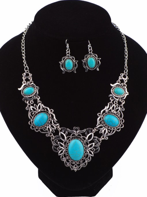 Qunqiu Retro style Turquoise Stones Alloy Two Pieces Jewelry Set 0