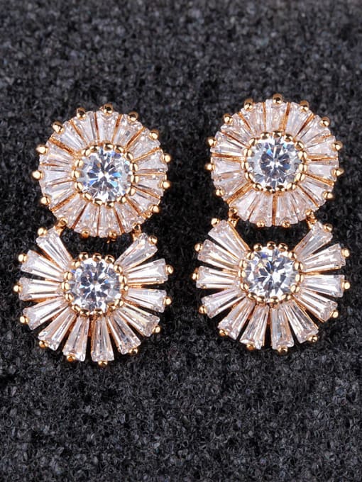 Qing Xing Sterling Silver Ear Needle Champagne Gold Plated Anti-allergic Double Circle Zircon stud Earring 2