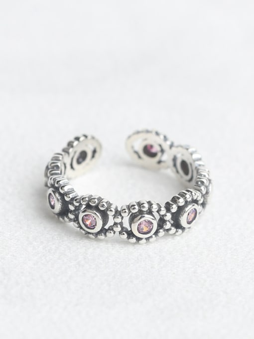 Peng Yuan Retro Pink Zircon Silver Opening Ring 0