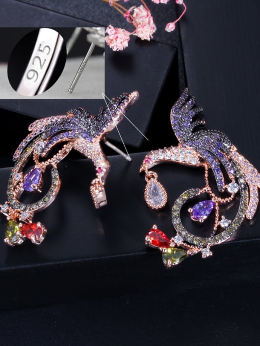 L.WIN Copper WithCubic Zirconia Exaggerated Colored phoenix  Cluster Earrings 3