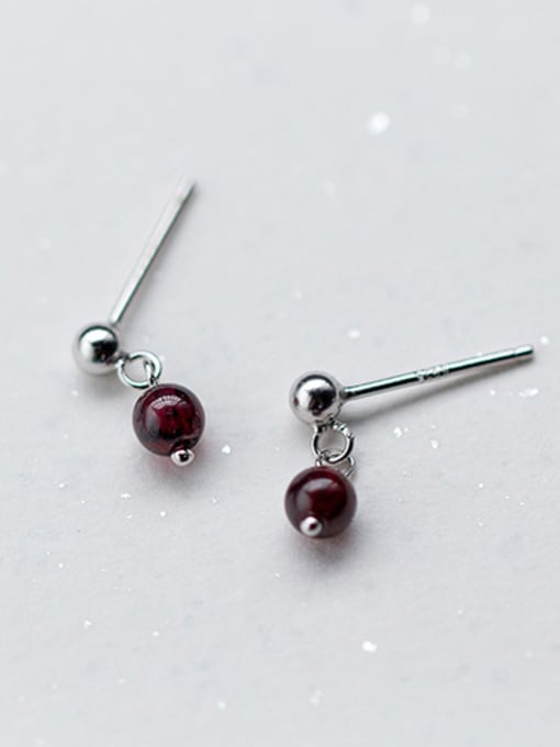 red Elegant Round Shaped Stone S925 Silver Drop Earrings