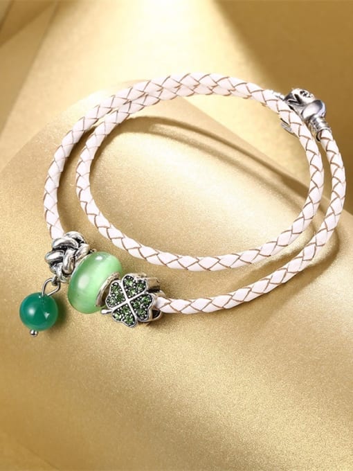 White Double Layer Natural Agate Leather Bracelet