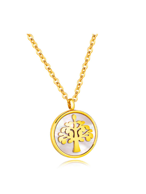Gold Simple Tree Round Shell Pendant Titanium Necklace