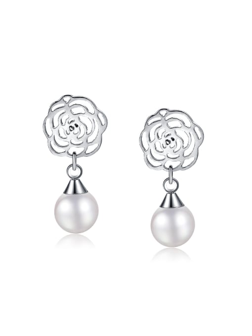 White Elegant Hollow Flower Artificial Pearl Titanium Stud Earrings