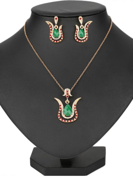 Gujin Bohemia Ethnic style Green Water Drop Resin stones Cubic Crystals Alloy Two Pieces Jewelry Set 2