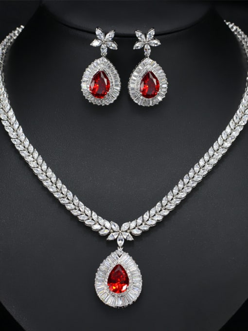Red Noble Water Drop AAA Zircon Two Pieces Jewelry Set
