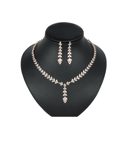 Mo Hai Copper With Cubic Zirconia  Simplistic Leaf Earrings And Necklaces 2 Piece Jewelry Set 1