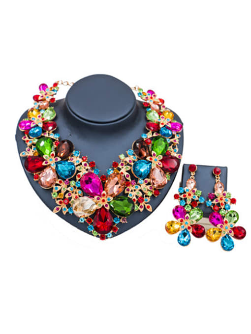multicolor 2018 2018 Exaggerated Flower Glass Rhinestones Two Pieces Jewelry Set