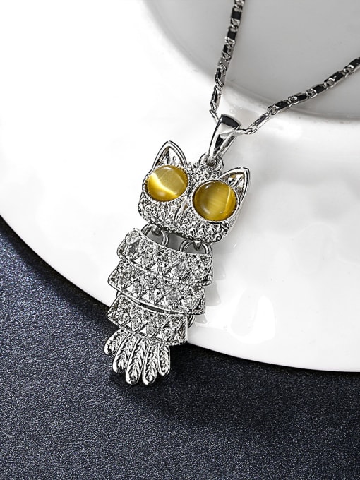 Platinum Women Owl Shaped Opal Stone Sweater Necklace