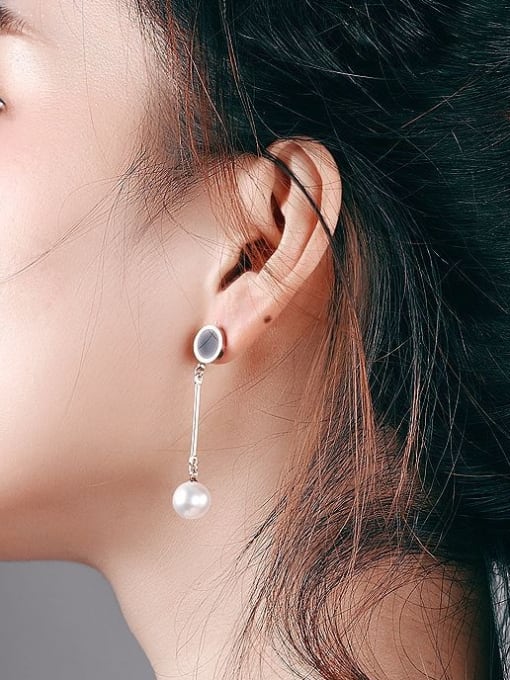 Open Sky Fashion Artificial Pearl Black Round Titanium Drop Earrings 1