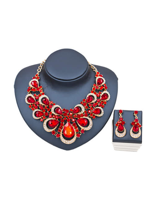 Red Water Drop Glass Rhinestones Statement Two Pieces Jewelry Set