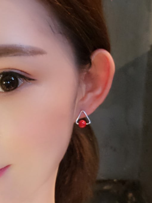 Peng Yuan Fashion Red Bead Triangle Stud Earrings 1