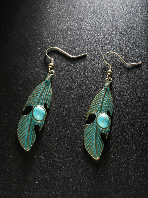 Gujin Personalized Antique Bronze Plated Turquoise stone Leaf Alloy Drop Earrings 1