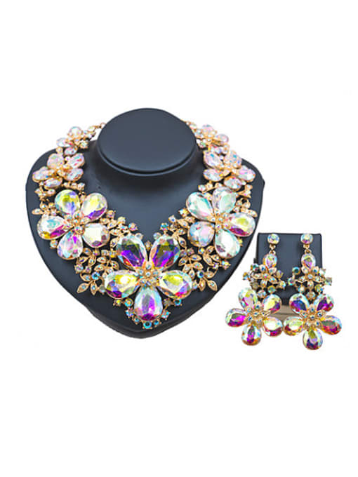 multi-color 2018 2018 Exaggerated Flower Glass Rhinestones Two Pieces Jewelry Set