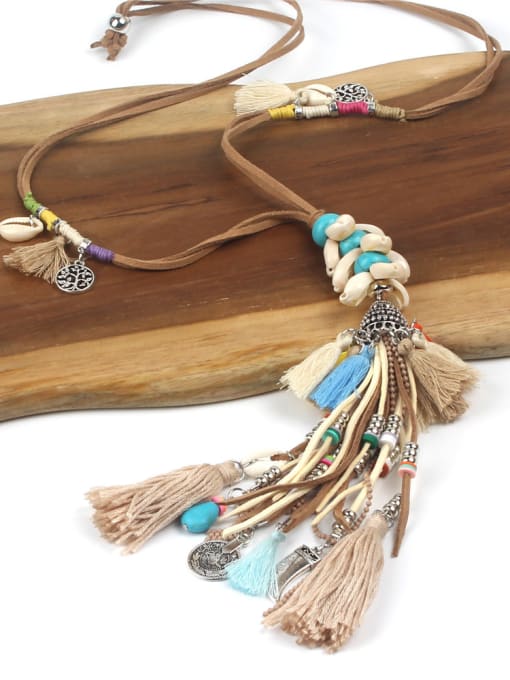 BON0005-B Semi-precious Stones Tassel Pendant Sweater Necklace