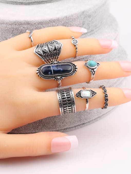 Gujin Personalized Retro style Resin stones Antique Silver Plated Ring Set 1