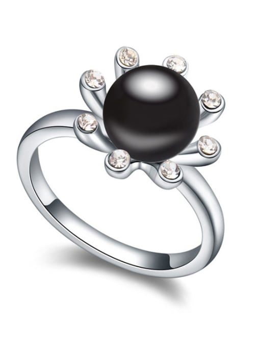 Black Simple Imitation Pearl Flowery Alloy Ring