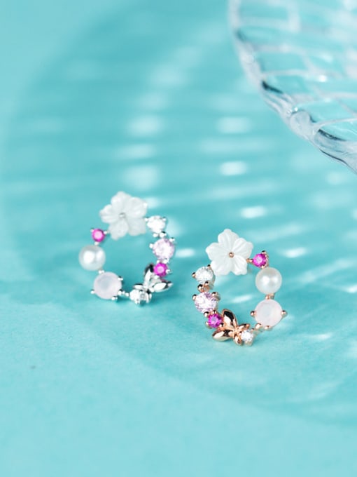 Rose Gold Trendy Flower Shaped S925 Silver Artificial Pearl Stud Earrings