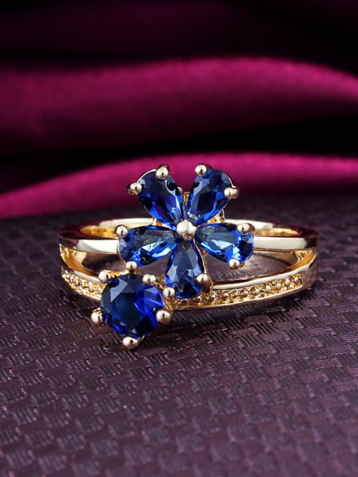 SANTIAGO Shimmering 18K Gold Plated Blue Flower Shaped Zircon Ring 1