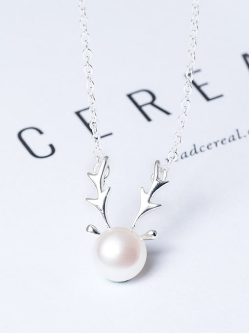 SILVER MI Fashion Freshwater Pearl Deer Antler 925 Silver Necklace 1