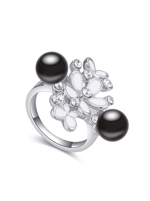 QIANZI Exaggerated Two Imitation Pearls White Crystals-embellished Flowers Ring 0