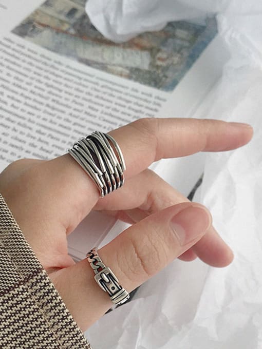DAKA 925 Sterling Silver With Antique Silver Plated Vintage Multi-layer line free size Rings 4