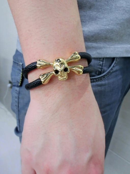 JINDING Titanium Gold Skull Shaped Leather Bracelet 1