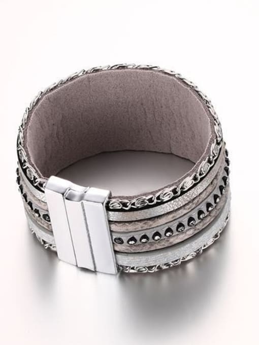 CONG Trendy Gray Artificial Leather Rhinestones Charm Bracelet 2
