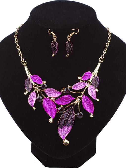 Purple Retro Exquisite Leaves Pendant Cubic Rhinestones Alloy Two Pieces Jewelry Set