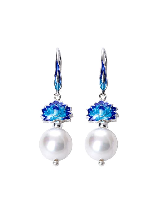 SILVER MI Ethnic style Shell Pearl Blue Lotus Flower 925 Silver Earrings 0