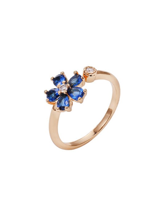 blue Copper Alloy 18K Gold Plated Fashion Flower Zircon Opening Ring