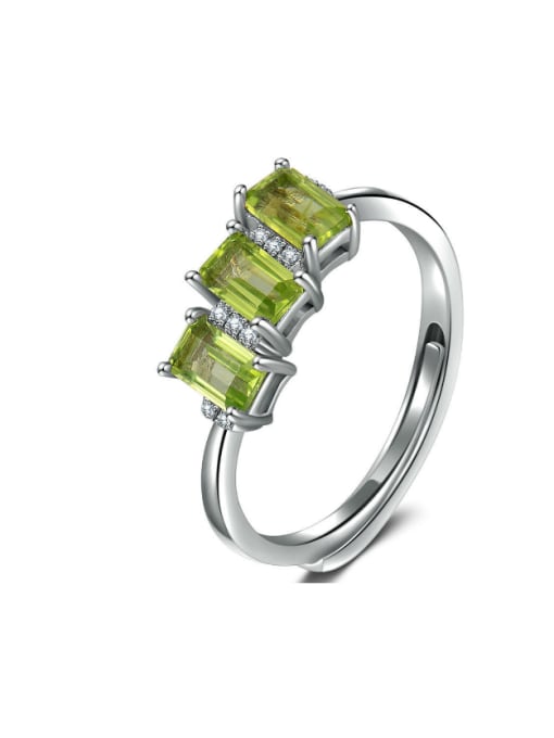 White Gold Plated Green Natural Rectangle Stones Silver Opening Ring