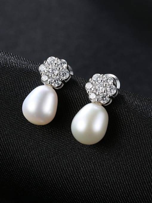 White Platinum Sterling Silver micro-plated zircon Natural Pearl Flower Earrings