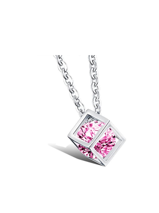 pink Fashion Hollow Cube Zircon Titanium Lovers Necklace