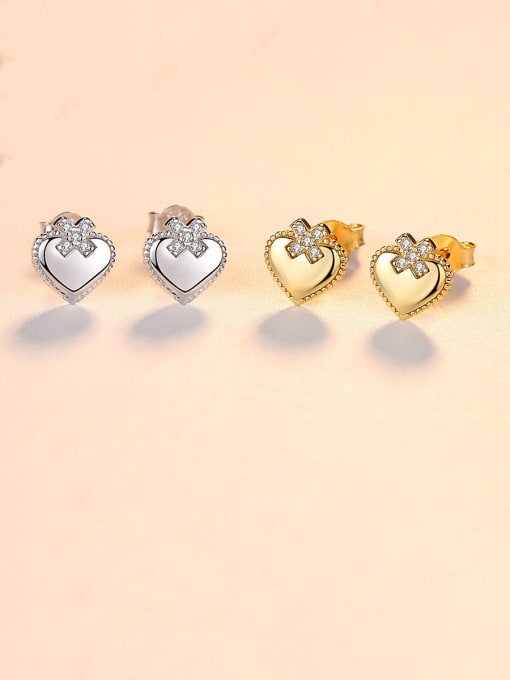 CCUI 925 Sterling Silver With Rhinestone Simplistic Heart Stud Earrings 2