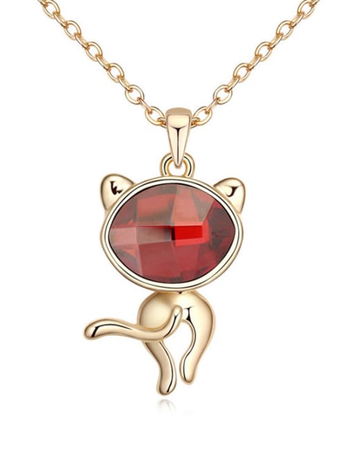 red Fashion Oval austrian Crystal Little Cat Pendant Alloy Necklace