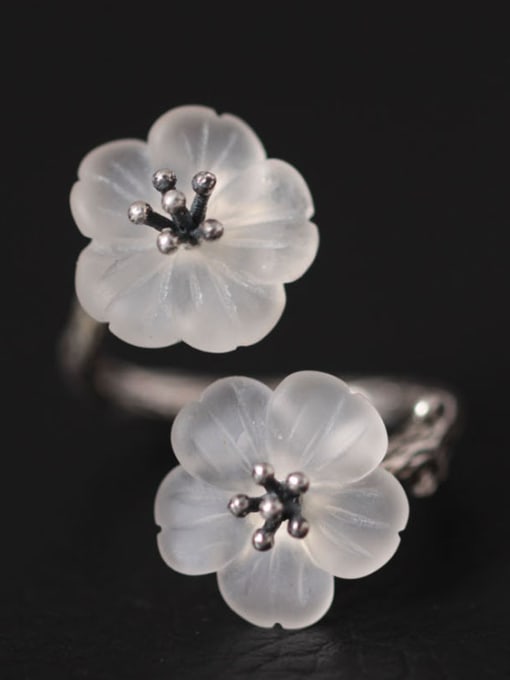 SILVER MI Double Crystal Flowers Opening Ring 1
