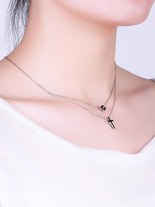 One Silver Double Layer Chain Cross Necklace 1
