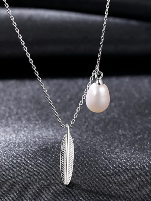 platinum White Pearl Sterling silver leaf shaped natural freshwater pearl necklace