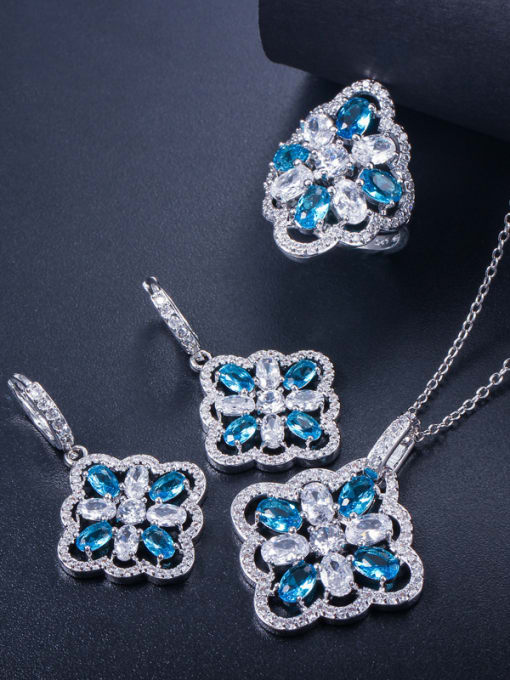 Sea Blue Ring 6 Yards Copper inlaid AAA zircon colored earrings necklace ring 3 pieces jewelry set