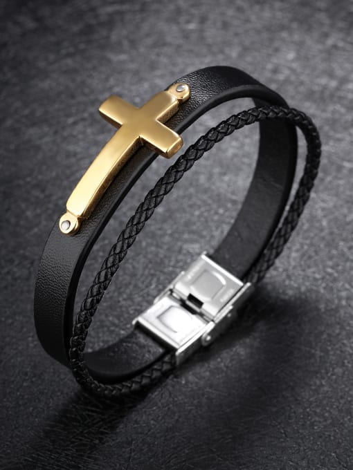 Open Sky Personalized Woven Black Artificial Leather Two-band Cross Bracelet 2