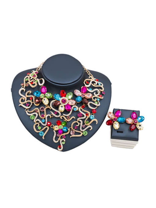 multicolor Statement Flower Glass Rhinestones Two Pieces Jewelry Set