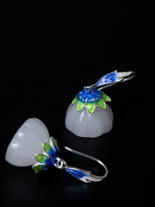 SILVER MI Ethnic style White Jade Lotus Seedpod 925 Silver Earrings 1