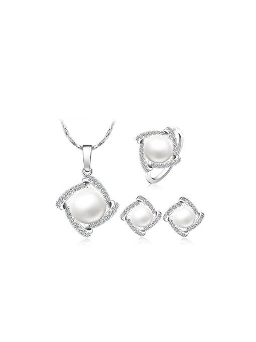 XP Copper Alloy White Gold Plated Fashion Pearl Three Pieces Zircon Jewelry Set 0