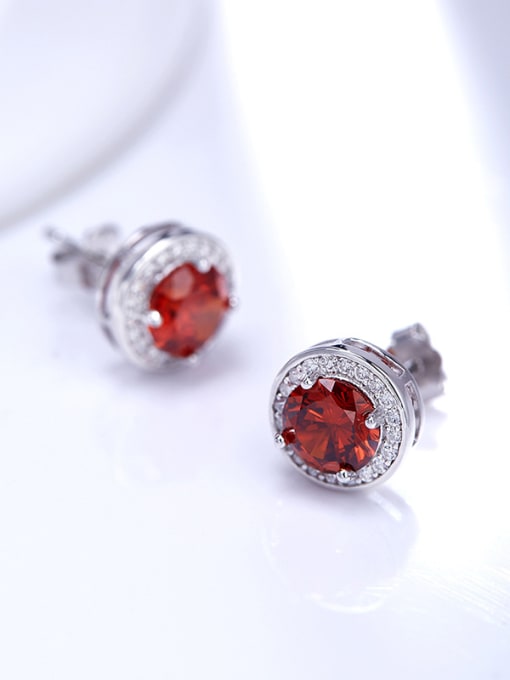 Red Charming 925 Silver Round Shaped Zircon Stud Earrings