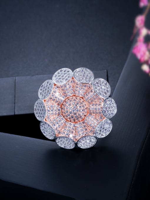 US 8# Copper With Cubic Zirconia Luxury Flower Statement Rings
