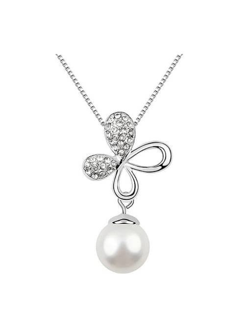 White Exquisite Imitation Pearl Shiny Crystals-studded Flowery Alloy Necklace