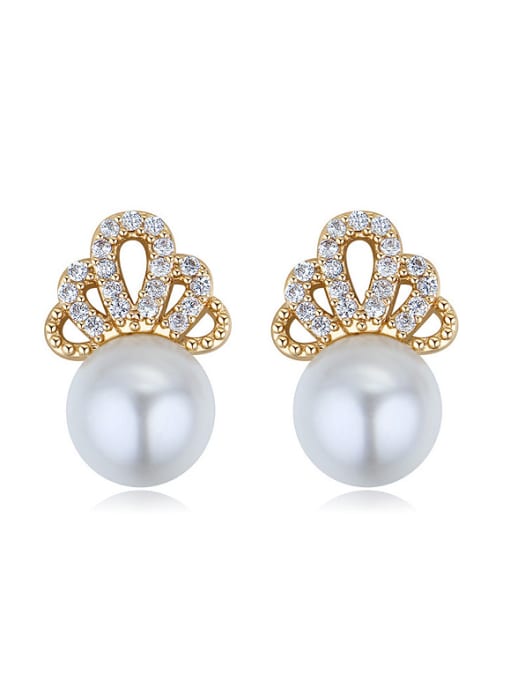 QIANZI Fashion White Imitation Pearls Shiny Crystals-covered Stud Earrings 0