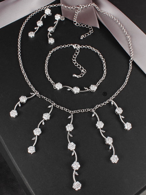 SANTIAGO Elegant Platinum Plated Zircon Plum Blossom Shaped Three Pieces Jewelry Set 1